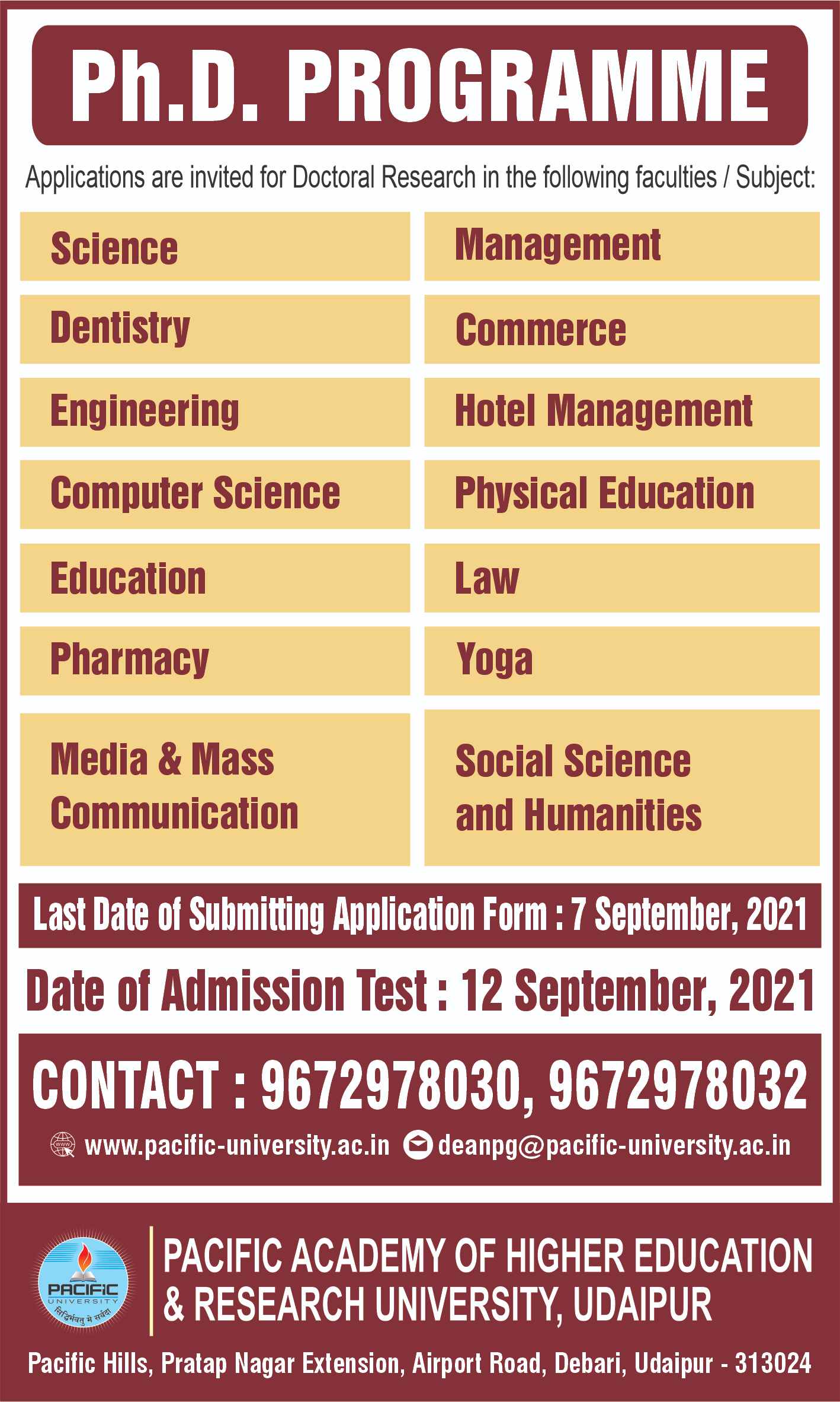phd in pacific university udaipur